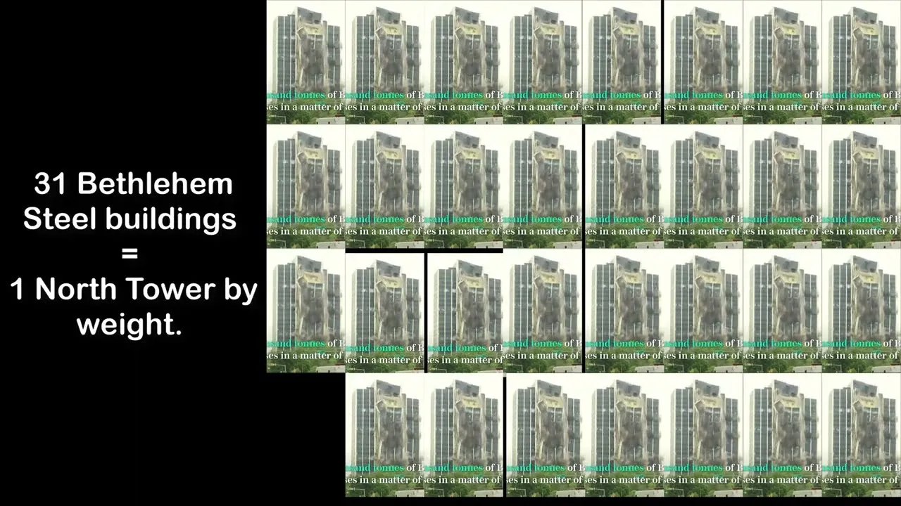 31 Bethlehem Steel buildings = 1 North Tower by weight: a grid of 31 copies of the Bethlehem Steel HQ demolition footage.