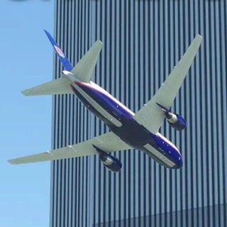 9/11 Planes Research Telegram channel picture: an airliner banking in front of a tower.