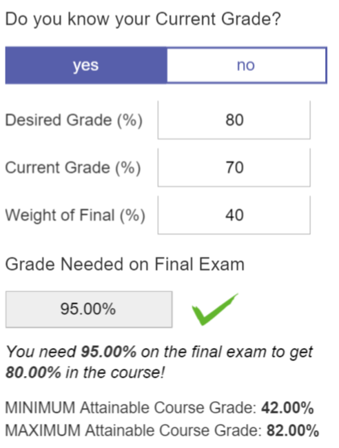 A screenshot of our Grade Calculator for when you know your current course grade is shown.
