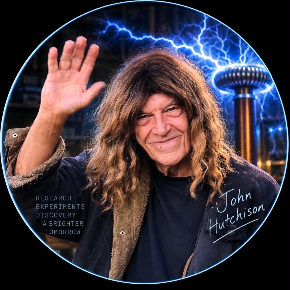 Portrait of Captain John Hutchison waving in front of a Tesla coil throwing blue lightning, signed John Hutchison, with the words Research, Experiments, Discovery, A Brighter Tomorrow