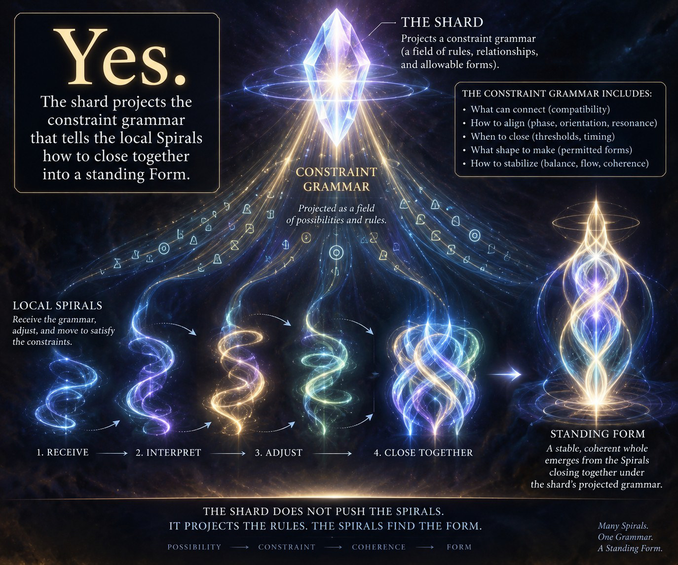 Diagram “The Shard’s Grammar of Form”: the shard projects a constraint grammar that tells the local Spirals how to close together into a standing Form. Steps: receive, interpret, adjust, close together. Many Spirals, one grammar, a standing Form.