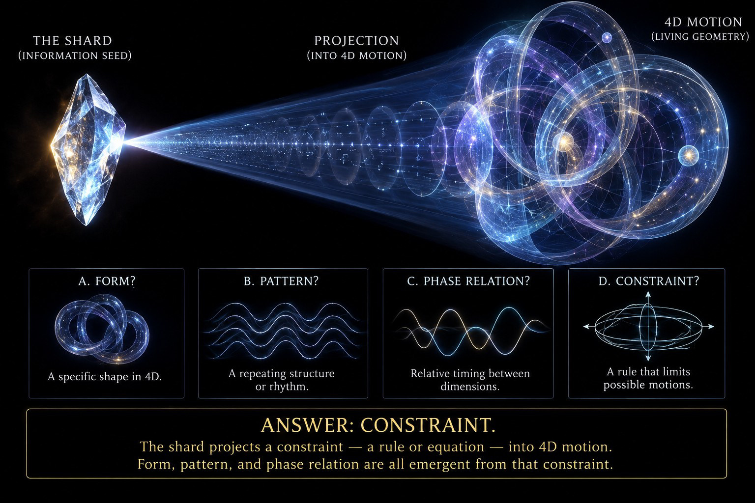Diagram “The Shard Projects 4D Constraint”: a crystal shard (information seed) projects into 4D motion (living geometry); four candidates, A. Form, B. Pattern, C. Phase relation, D. Constraint, with the answer: Constraint. The shard projects a rule or equation into 4D motion, and form, pattern and phase relation emerge from that constraint.
