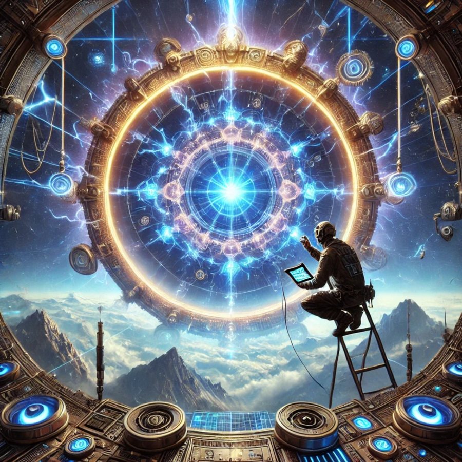 An operator on a ladder works a tablet in front of a giant glowing ring of blue energy, high above the clouds and mountains