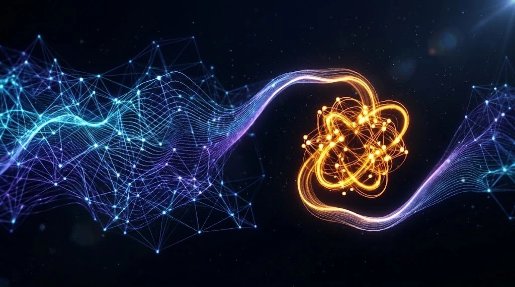 A glowing golden knot of orbiting light at the centre of a flowing blue and violet network of points and lines on a dark starry background