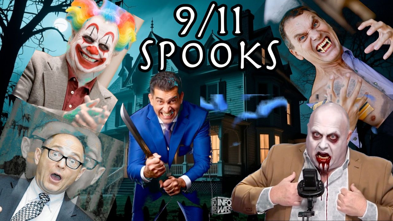 MES Livestream 112 thumbnail: 9/11 Spooks, a haunted house with AI-made spooky versions of Alex Jones, Patrick Bet David, Jim Fetzer, Richard Gage and Jonathan Cole