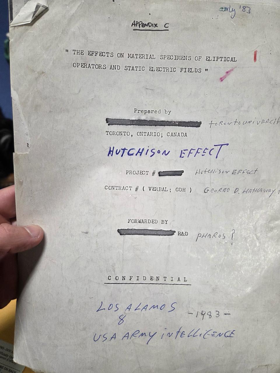 Cover page of Appendix C, "The Effects on Material Specimens of Eliptical Operators and Static Electric Fields", marked Confidential, with handwritten notes: Hutchison Effect, Los Alamos 1983, USA Army Intelligence, early '83.