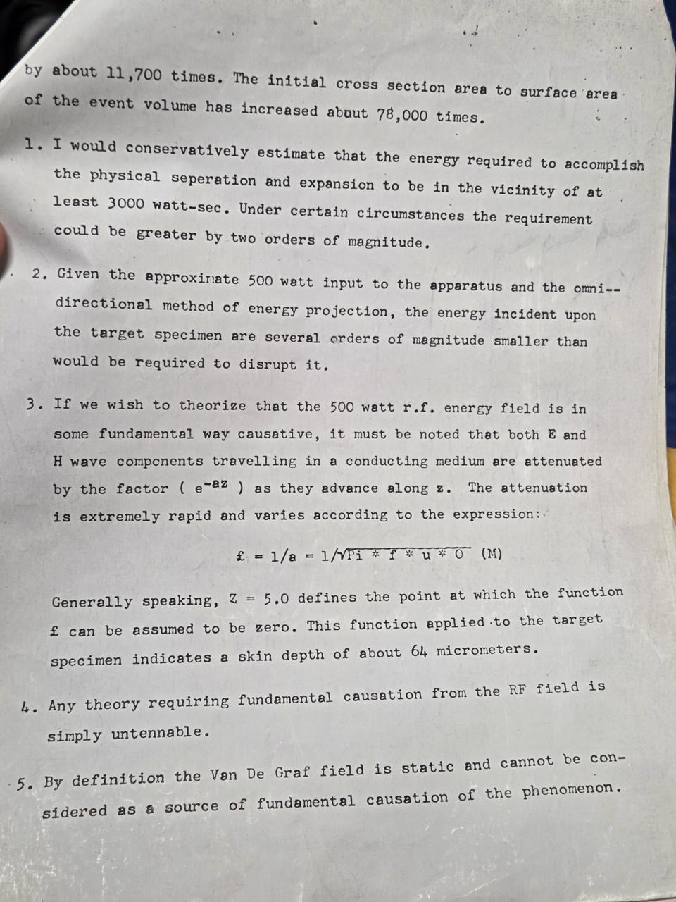 Typed page with numbered observations 1 to 5: the energy needed, the 500 watt RF input, skin depth of about 64 micrometers, and why RF and Van de Graaff fields cannot be the fundamental cause.
