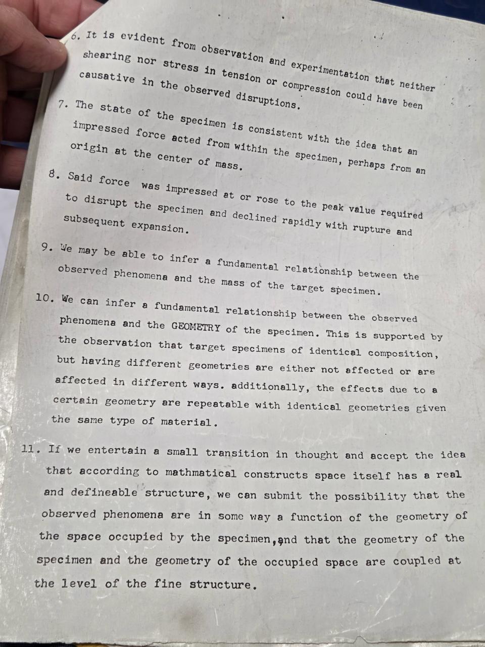 Typed page with numbered observations 6 to 11: neither shear nor tension caused the disruption, the force acted from within the specimen, and the effect depends on mass and geometry.