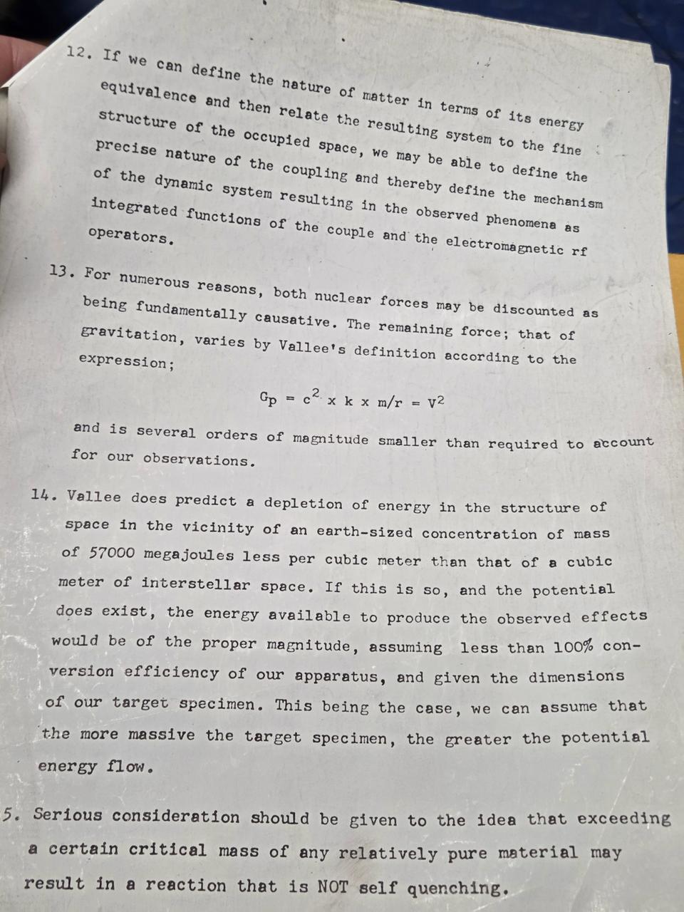 Typed page with numbered observations 12 to 15: the energy structure of space, Vallee's gravitation expression, and the idea that a critical mass may give a reaction that is not self quenching.