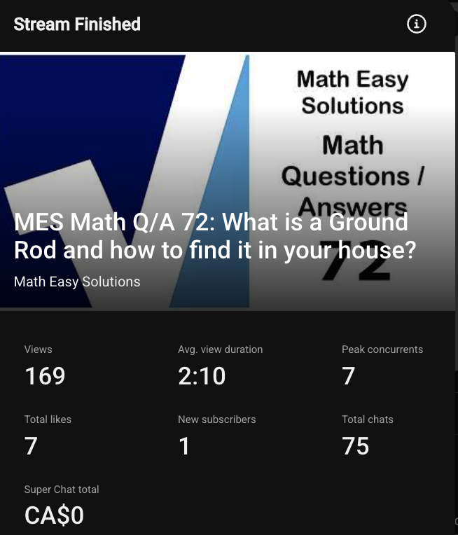 Screenshot of YouTube Live stats for MES Math Q/A 72: What is a Ground Rod and how to find it in your house? -- 169 views, 2:10 average view duration, 7 peak concurrents, 7 total likes, 1 new subscriber, 75 total chats, CA$0 Super Chat total.