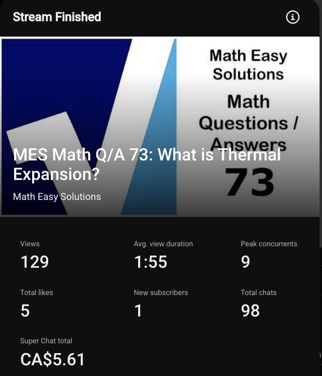 Screenshot of YouTube Live stats for MES Math Q/A 73: What is Thermal Expansion? -- 129 views, 1:55 average view duration, 9 peak concurrents, 5 total likes, 1 new subscriber, 98 total chats, CA$5.61 Super Chat total.