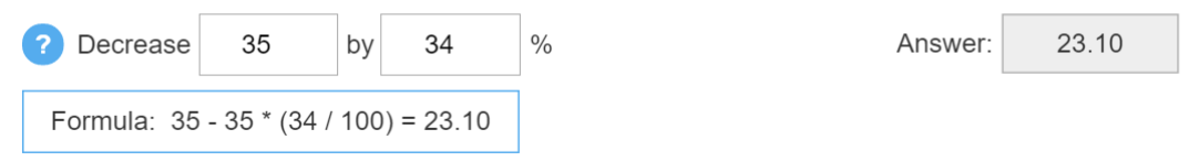 Screenshot of the calculation 'Decrease 35 by 34%?' along with the formula and answer which is 23.10.