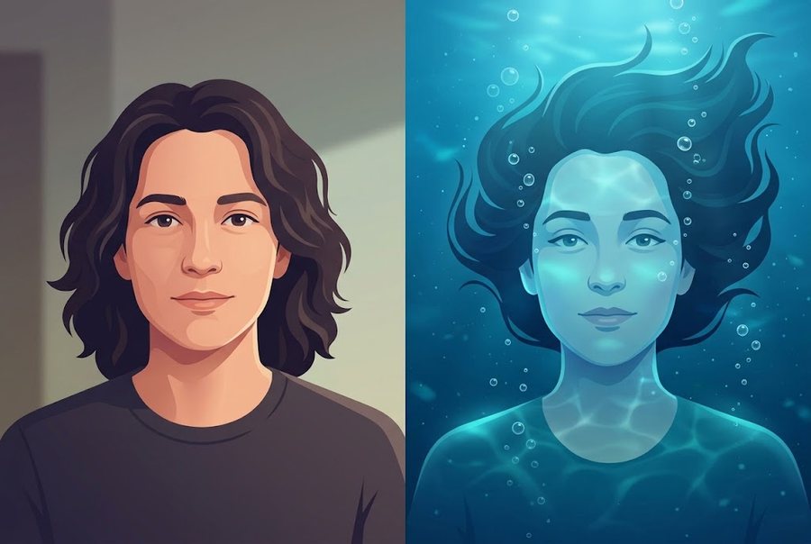The same person twice: on the left in normal air, on the right underwater, calm and slow, with their hair drifting and bubbles rising.