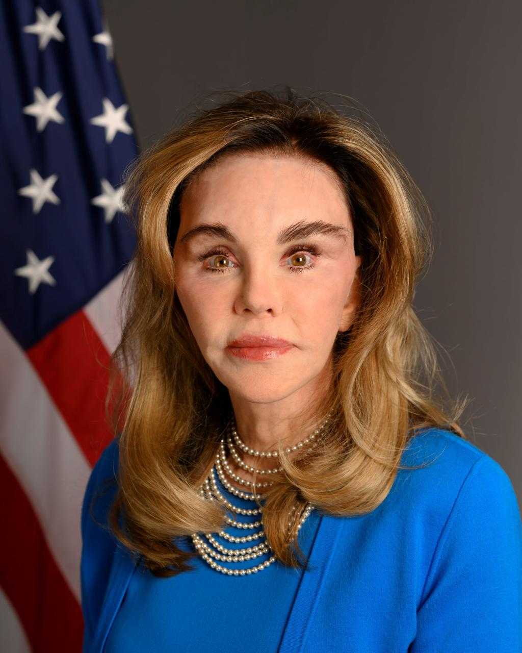 Official portrait of Ambassador Thornhill in front of a US flag