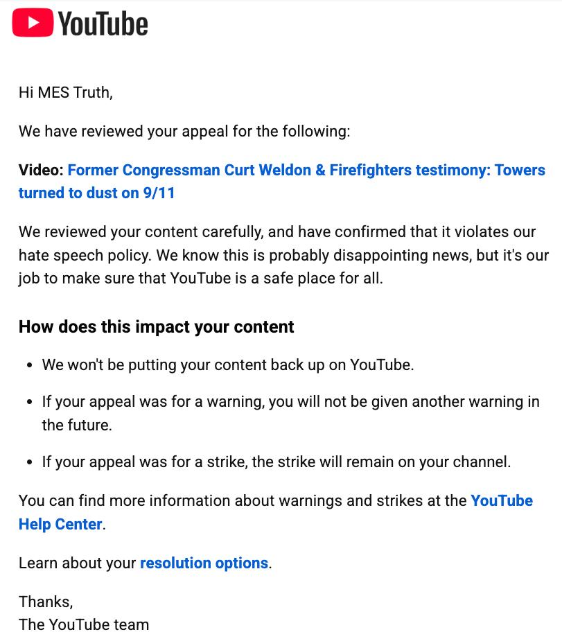 YouTube appeal rejection notice for the Curt Weldon & Firefighters 9/11 dustification video, citing a hate speech policy violation