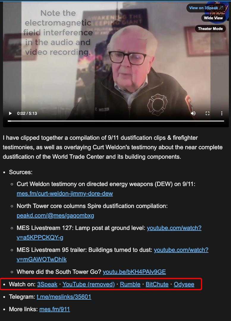mes.fm mirror page for the video showing its 3Speak, YouTube (removed), Rumble, BitChute and Odysee watch links